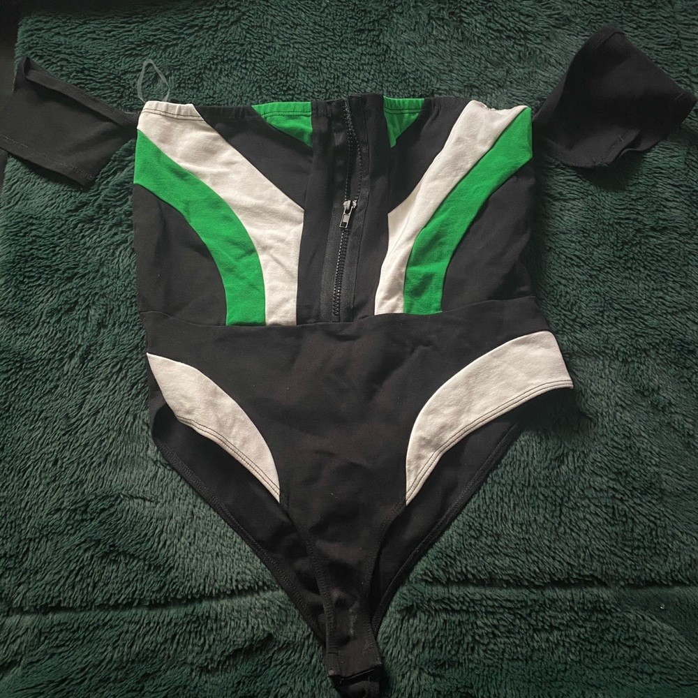Black and green off shoulder bodysuit